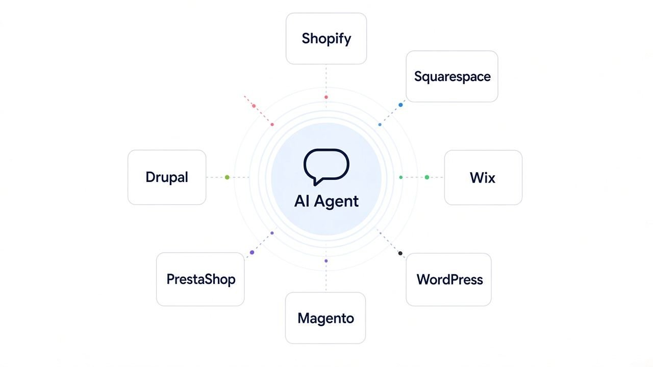 AI Agent connected to Shopify, WordPress, Squarespace, Drupal, PrestaShop, Magento, and Wix