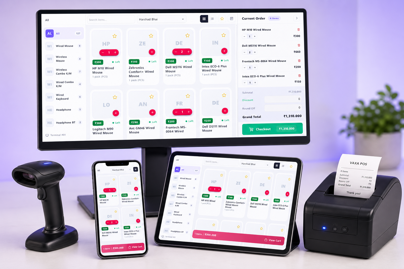 Vaxa POS on desktop, tablet and mobile with barcode scanner and thermal printer