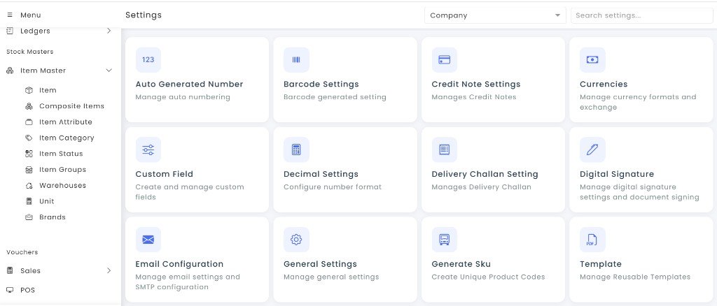 Vaxa POS ERP settings dashboard
